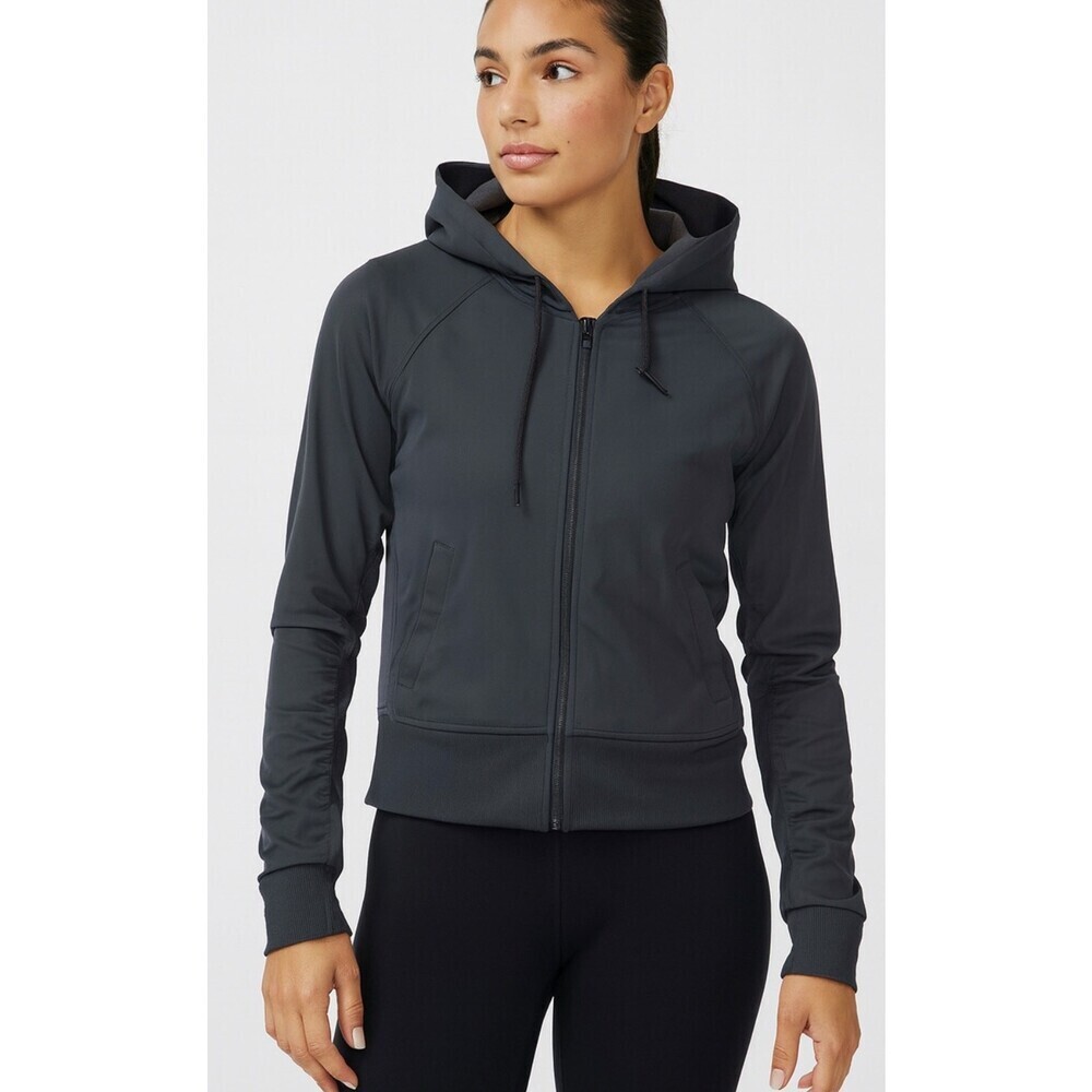 Fabletics Amara Hooded Jacket gray SM full zip up ruched sleeves front pocket